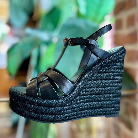SAINT LAURENT Tribute Black Leather Espadrille Wedges SZ 39 - Picture 1 of 6